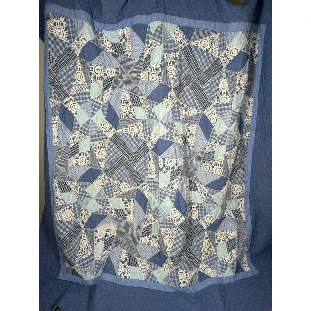 Vtg Handmade Blue Patchwork Crazy Quilt Crochet Lace Gingham Cottagecore READ
